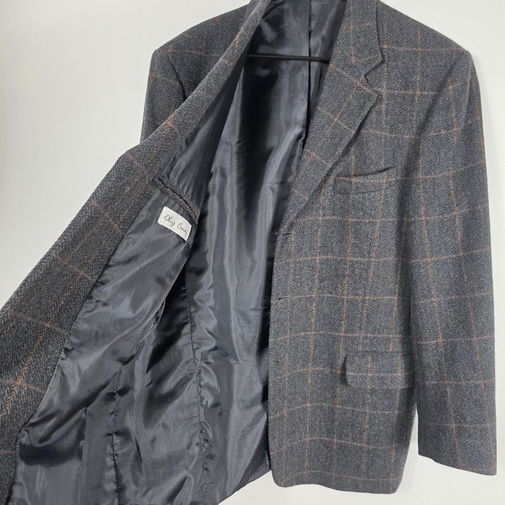 Vintage Oleg Cassini Men's Wool Plaid Blazer Jacket Dark Gray Brown Size L